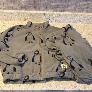 Mini Rodini Gray Penguin Fleece Set with Gold Zipper